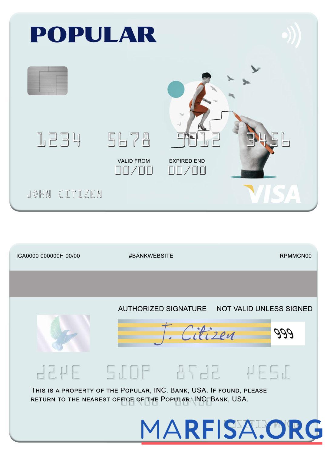 Printable USA Popular, Inc. Bank visa card template